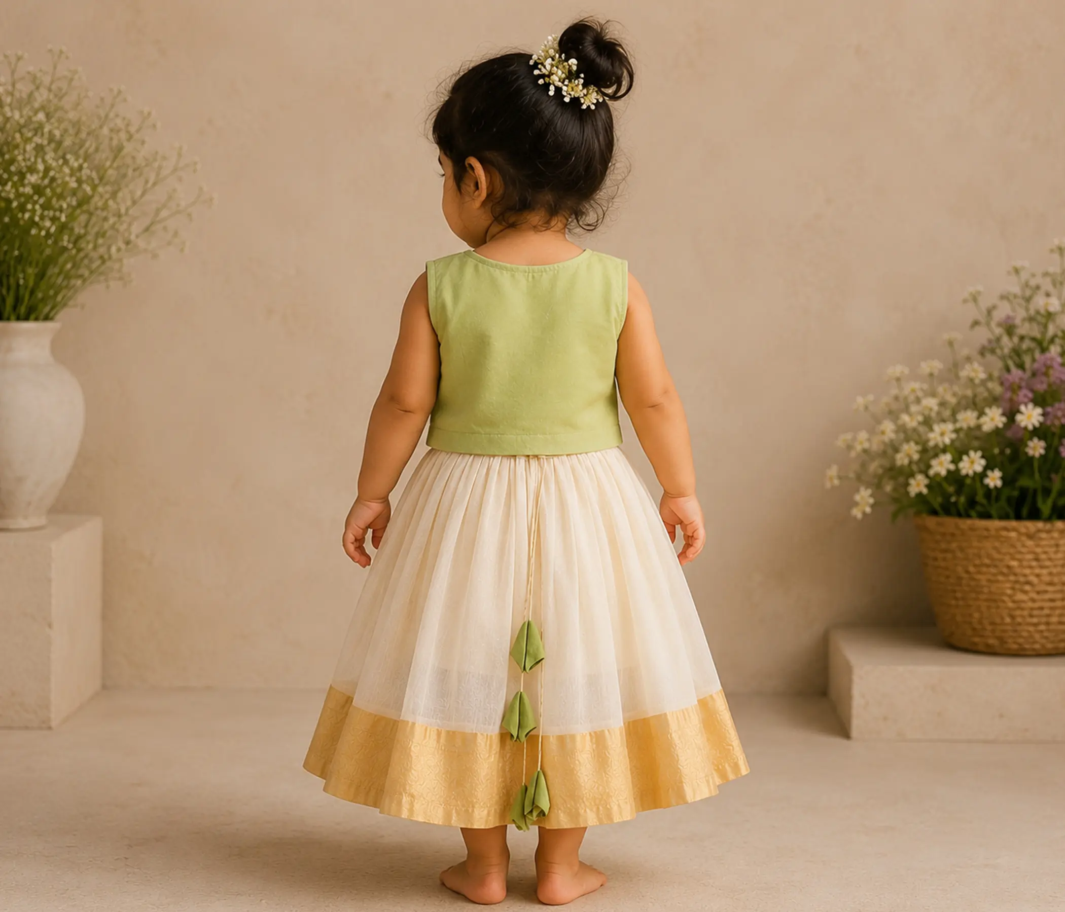 Girls Formal Dresses – Olive Green Hand-Painted Lehenga Choli for Girls